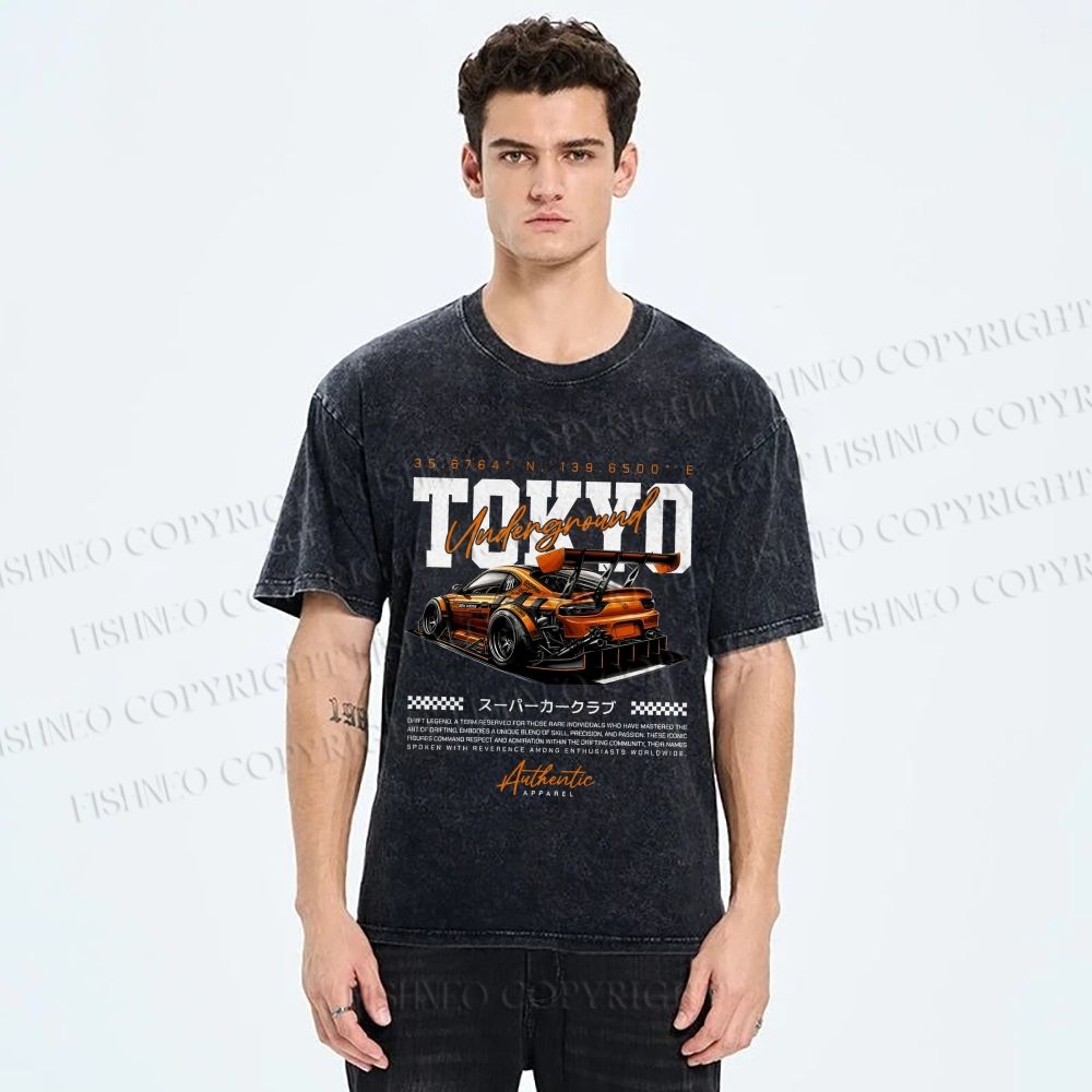 Unisex Tokyo Racing Car Printed Washed Tee