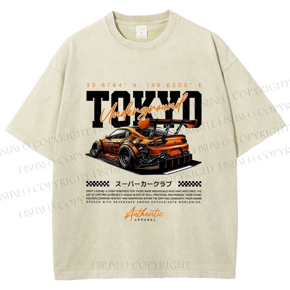 Unisex Tokyo Racing Car Printed Washed Tee