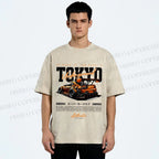 Unisex Tokyo Racing Car Printed Washed Tee