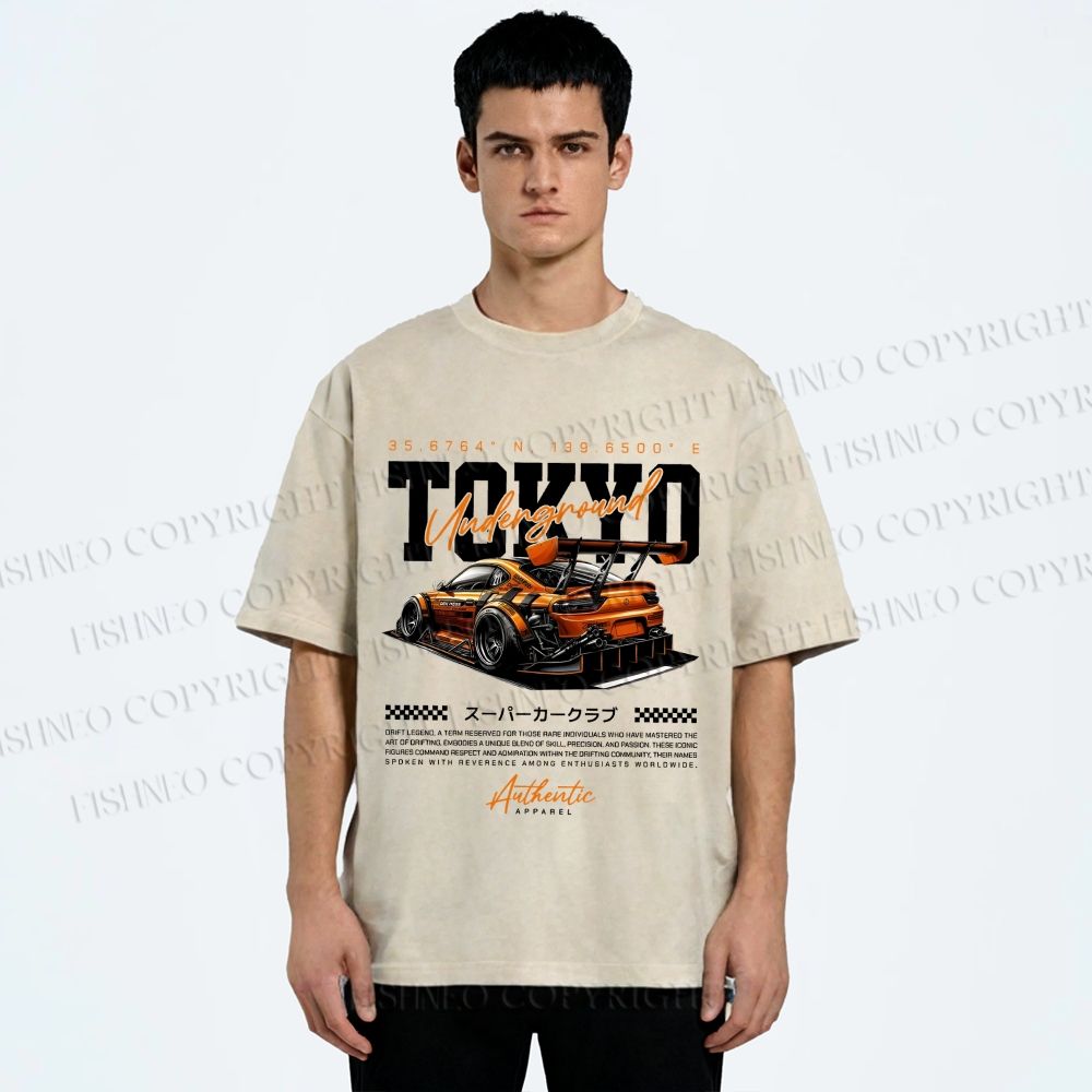 Unisex Tokyo Racing Car Printed Washed Tee