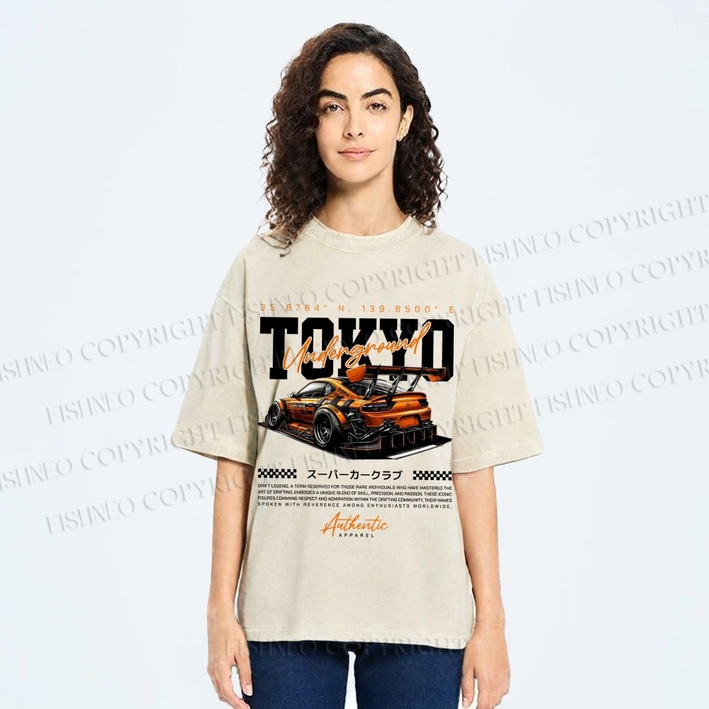 Unisex Tokyo Racing Car Printed Washed Tee