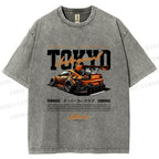 Unisex Tokyo Racing Car Printed Washed Tee