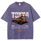 Unisex Tokyo Racing Car Printed Washed Tee