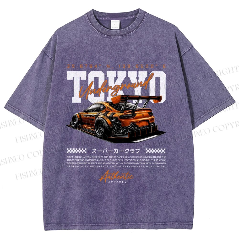 Unisex Tokyo Racing Car Printed Washed Tee