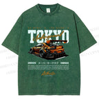 Unisex Tokyo Racing Car Printed Washed Tee