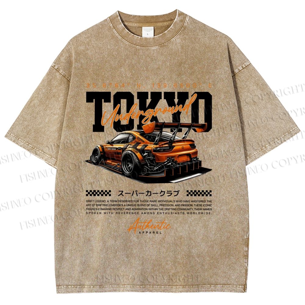 Unisex Tokyo Racing Car Printed Washed Tee