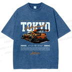 Unisex Tokyo Racing Car Printed Washed Tee