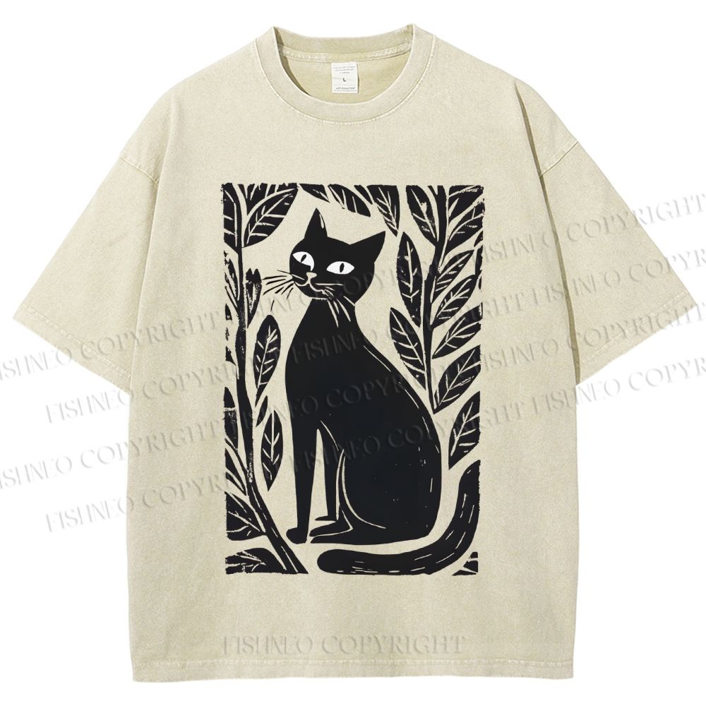 Unisex Leaves Cat Printed Washed Tee