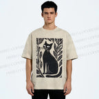 Unisex Leaves Cat Printed Washed Tee