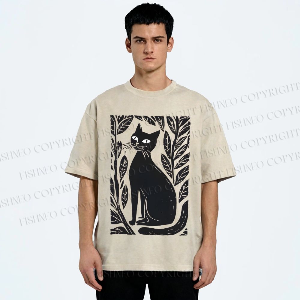 Unisex Leaves Cat Printed Washed Tee