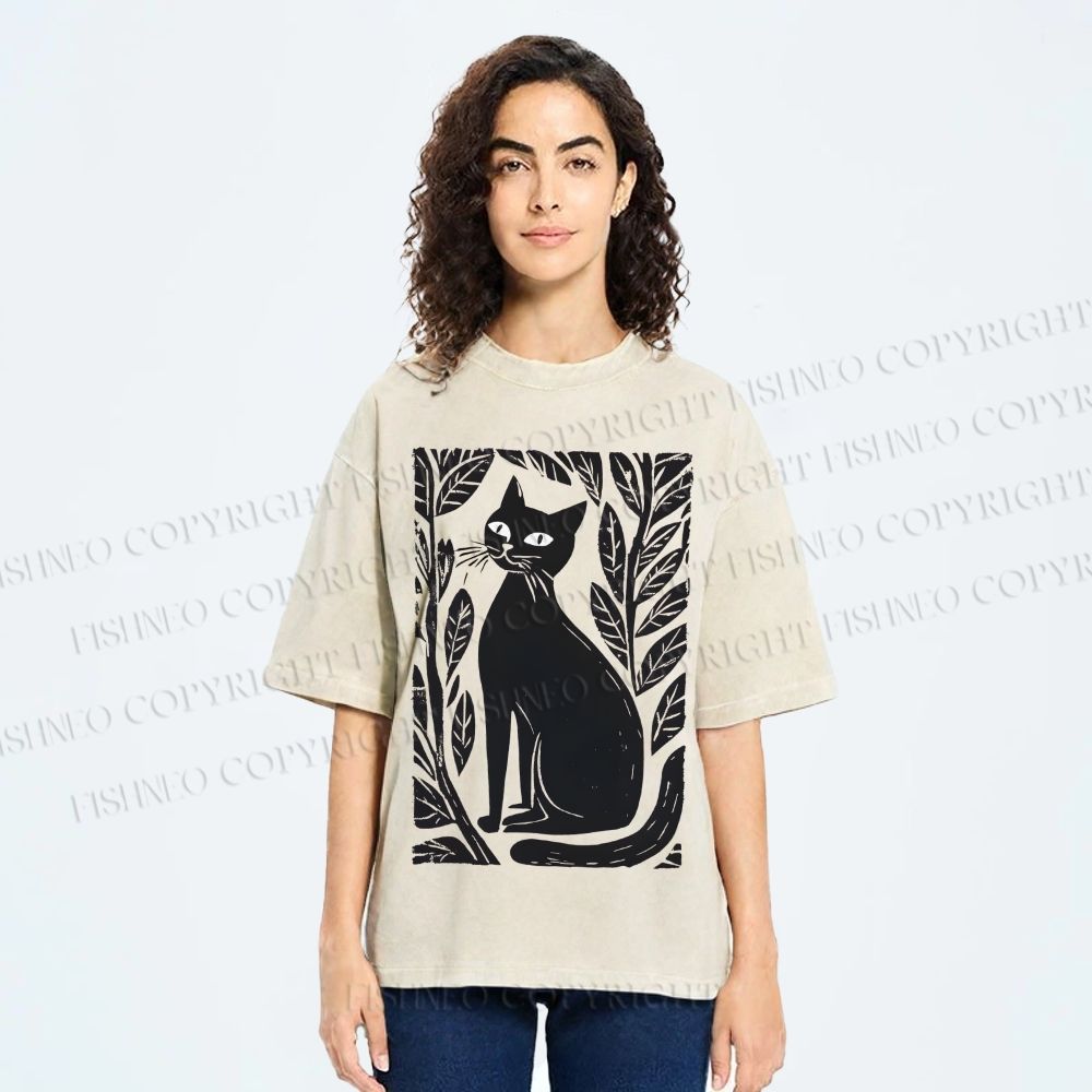 Unisex Leaves Cat Printed Washed Tee
