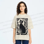 Unisex Leaves Cat Printed Washed Tee