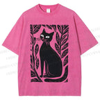 Unisex Leaves Cat Printed Washed Tee