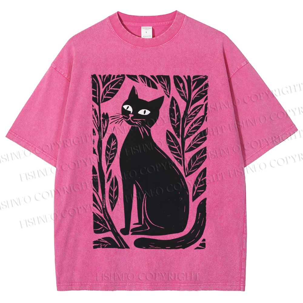Unisex Leaves Cat Printed Washed Tee