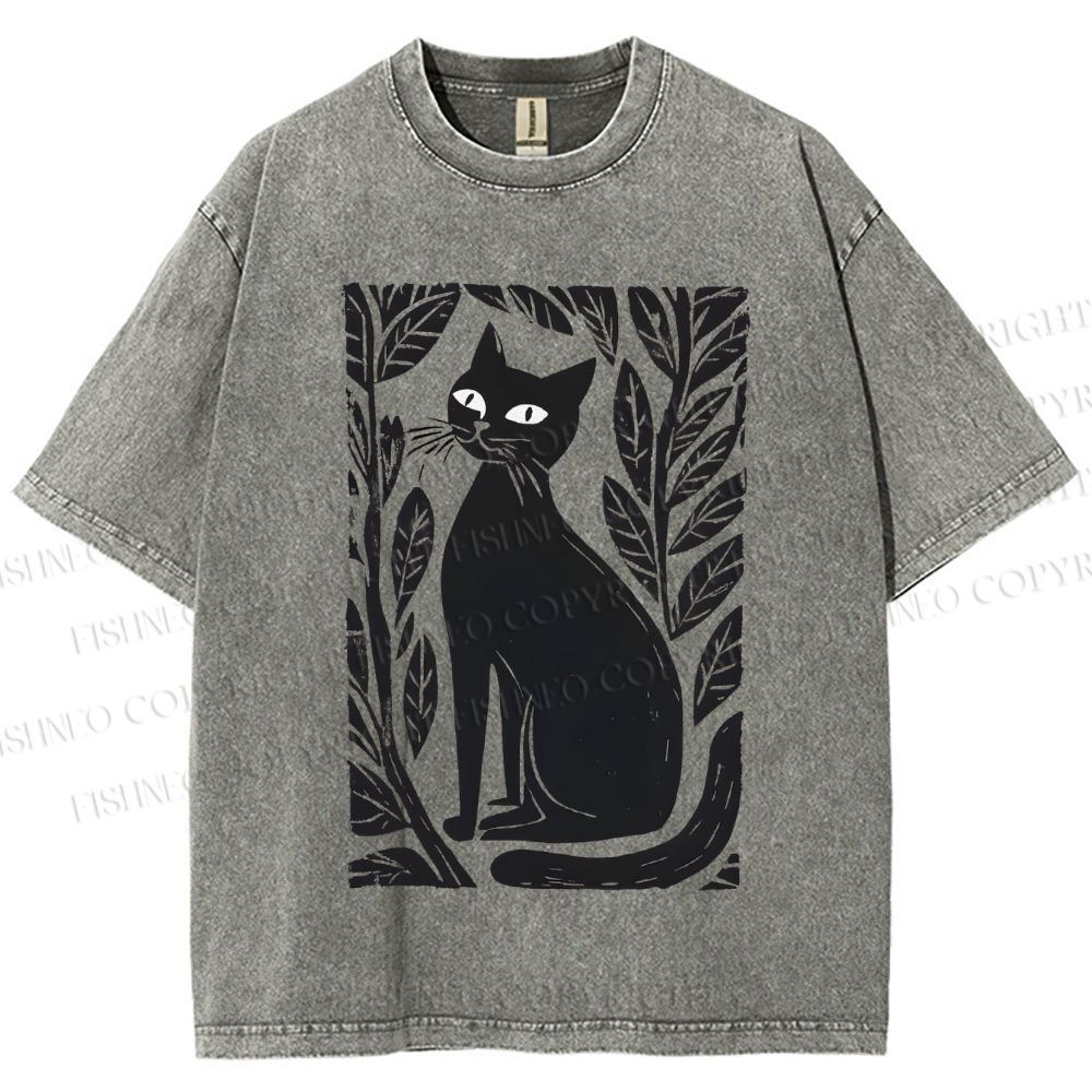 Unisex Leaves Cat Printed Washed Tee