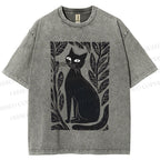 Unisex Leaves Cat Printed Washed Tee
