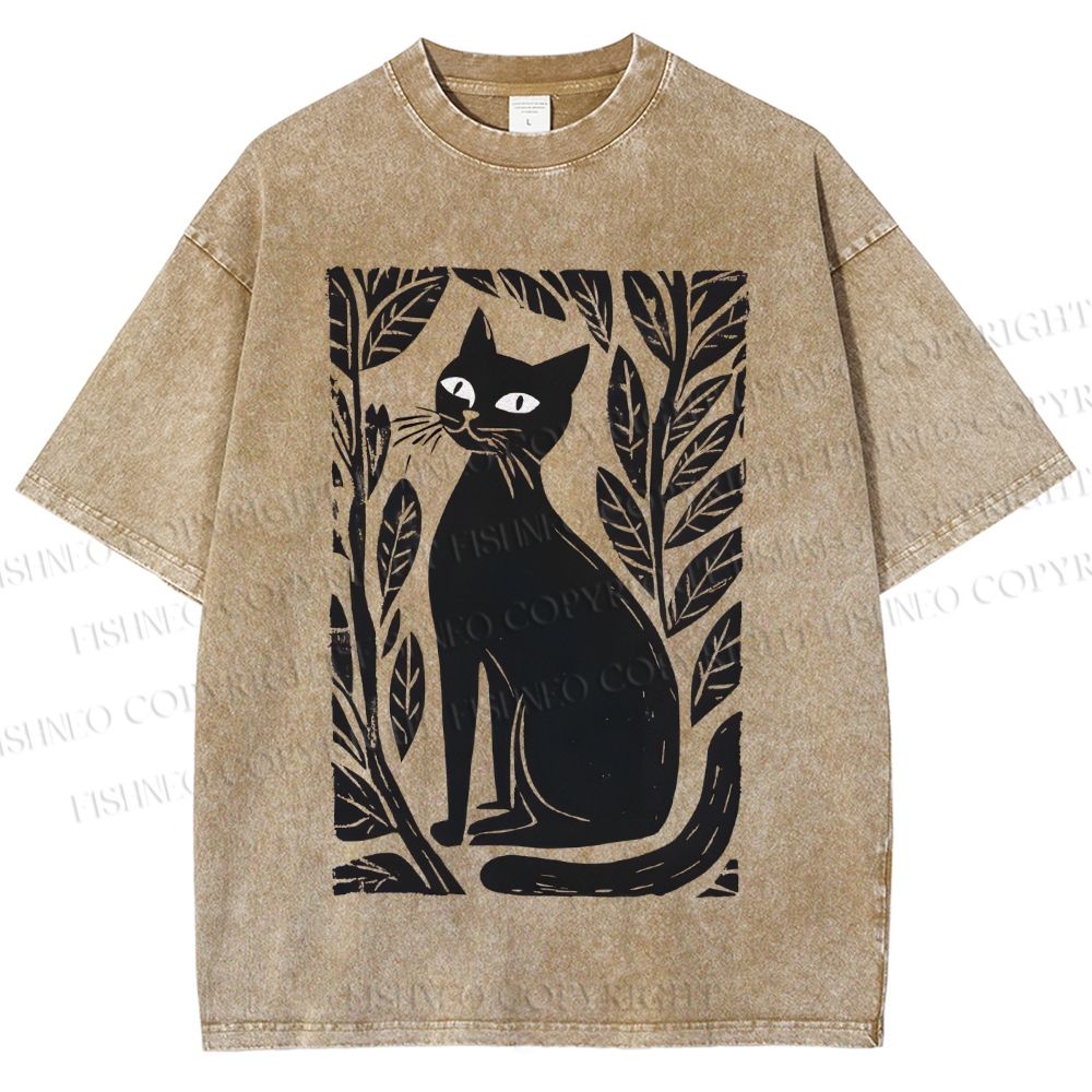 Unisex Leaves Cat Printed Washed Tee