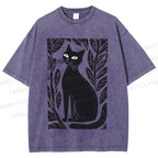 Unisex Leaves Cat Printed Washed Tee