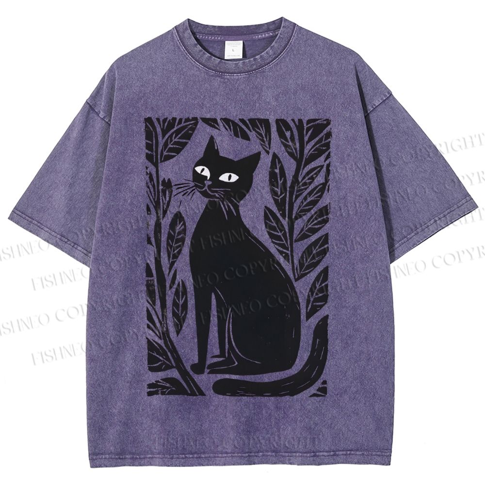 Unisex Leaves Cat Printed Washed Tee