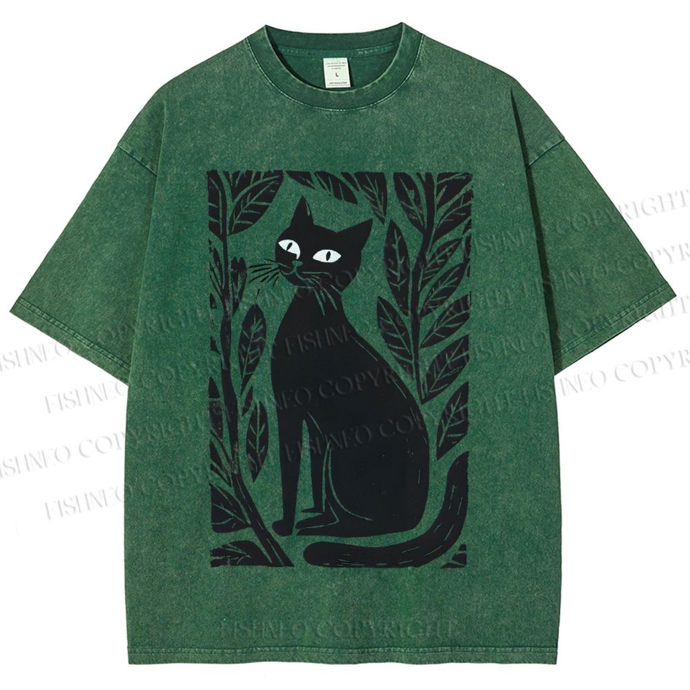 Unisex Leaves Cat Printed Washed Tee