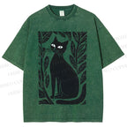 Unisex Leaves Cat Printed Washed Tee