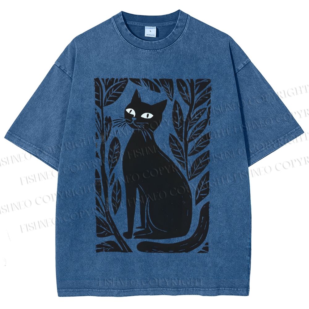 Unisex Leaves Cat Printed Washed Tee
