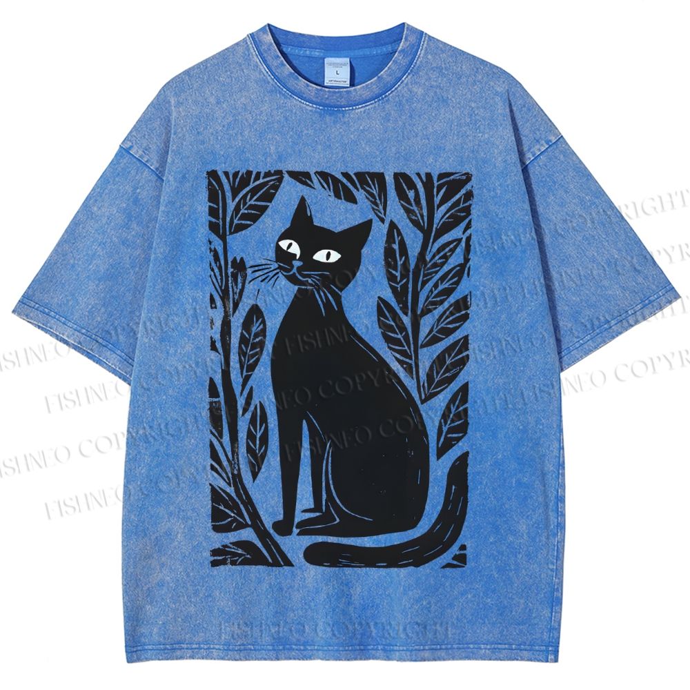 Unisex Leaves Cat Printed Washed Tee