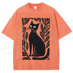 Unisex Leaves Cat Printed Washed Tee