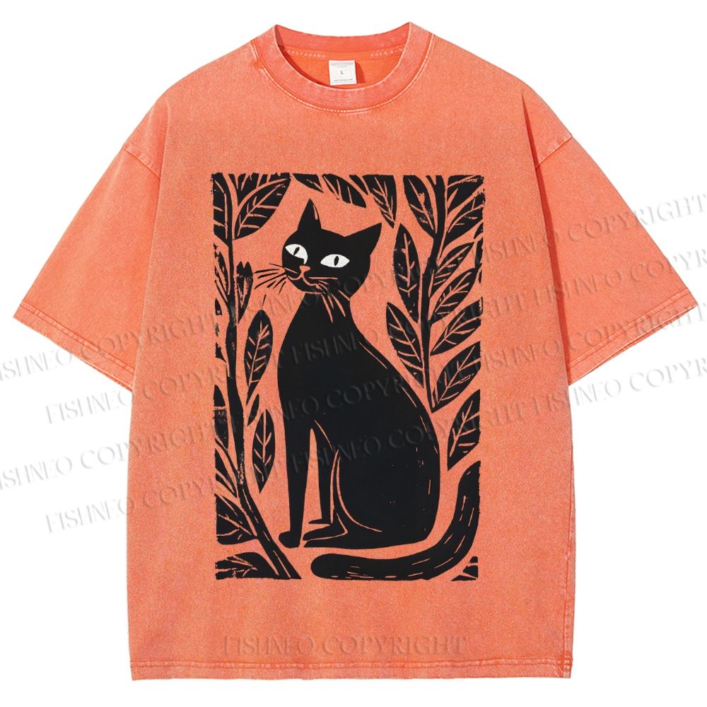 Unisex Leaves Cat Printed Washed Tee