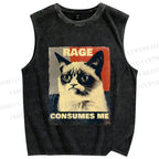 Unisex Cat Printed Washed Tank Top
