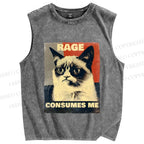 Unisex Cat Printed Washed Tank Top