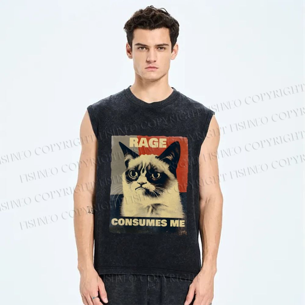 Unisex Cat Printed Washed Tank Top