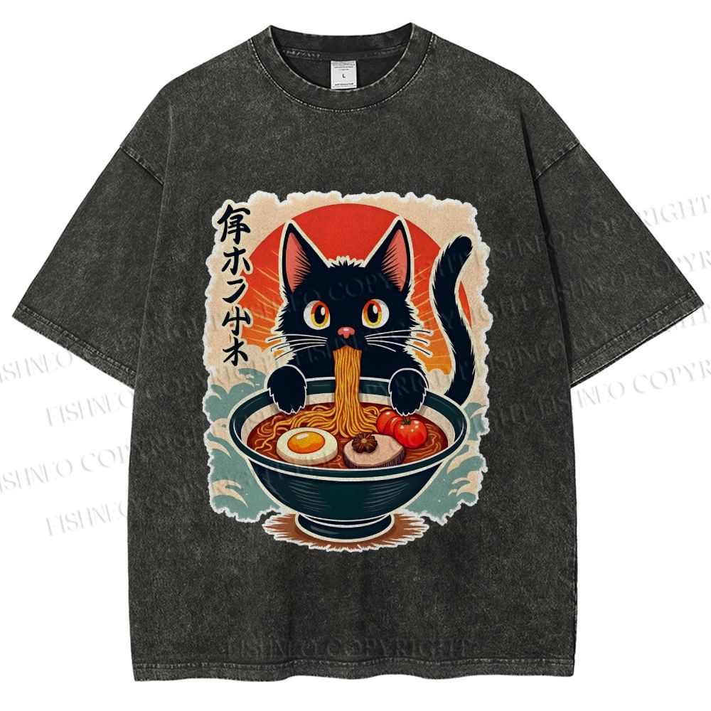 Unisex Ramen Cat Printed Washed Tee