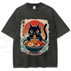 Unisex Ramen Cat Printed Washed Tee