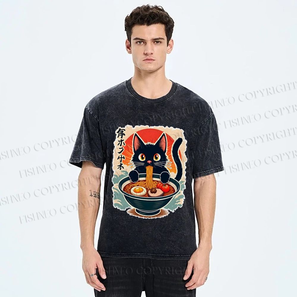 Unisex Ramen Cat Printed Washed Tee