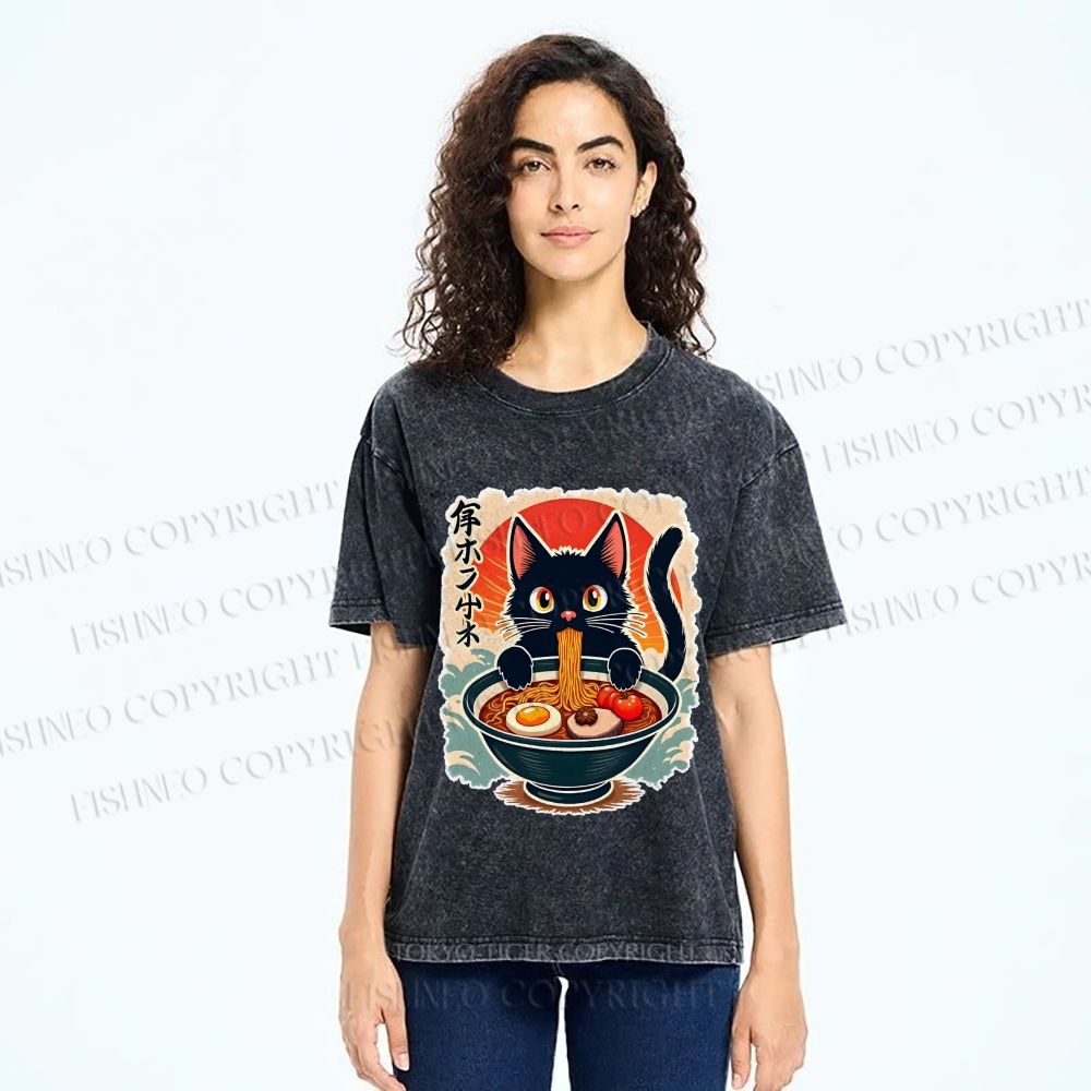Unisex Ramen Cat Printed Washed Tee