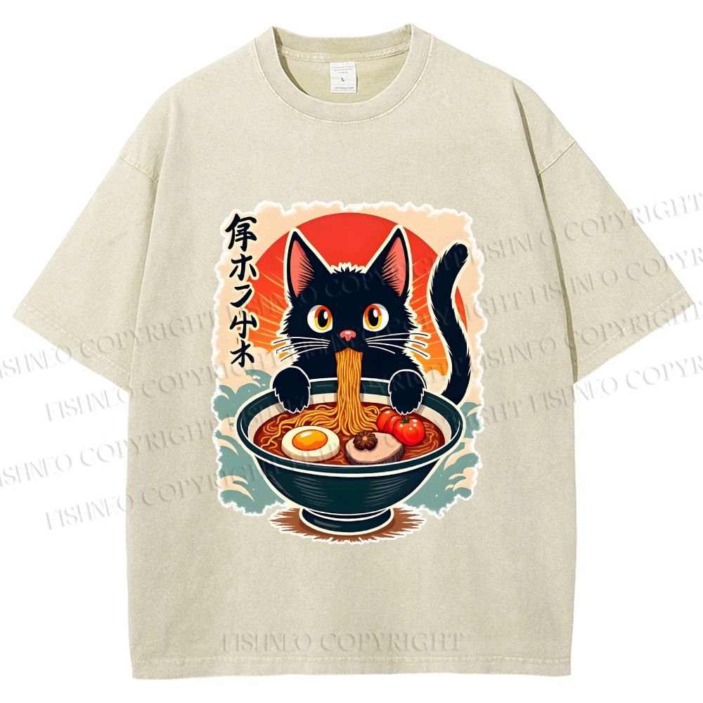 Unisex Ramen Cat Printed Washed Tee