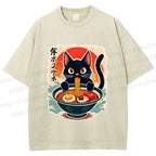 Unisex Ramen Cat Printed Washed Tee
