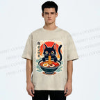 Unisex Ramen Cat Printed Washed Tee