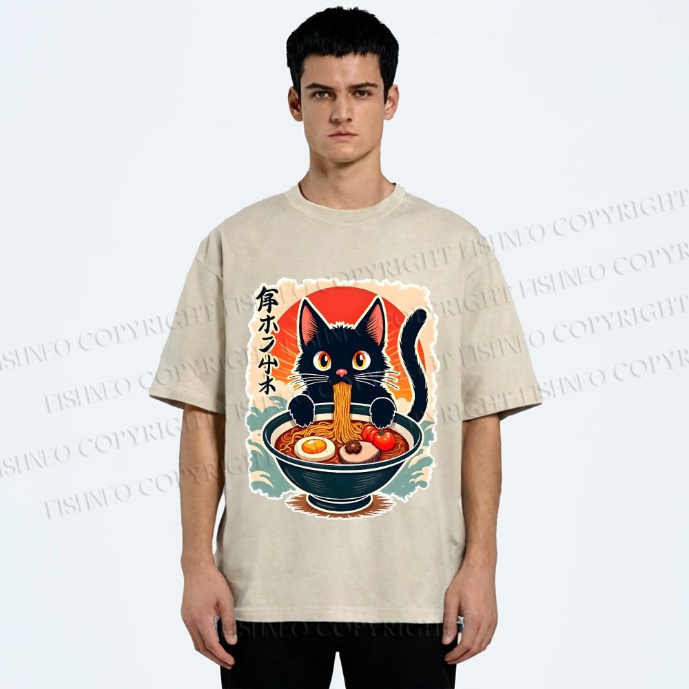 Unisex Ramen Cat Printed Washed Tee