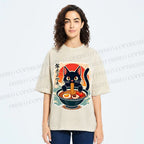 Unisex Ramen Cat Printed Washed Tee