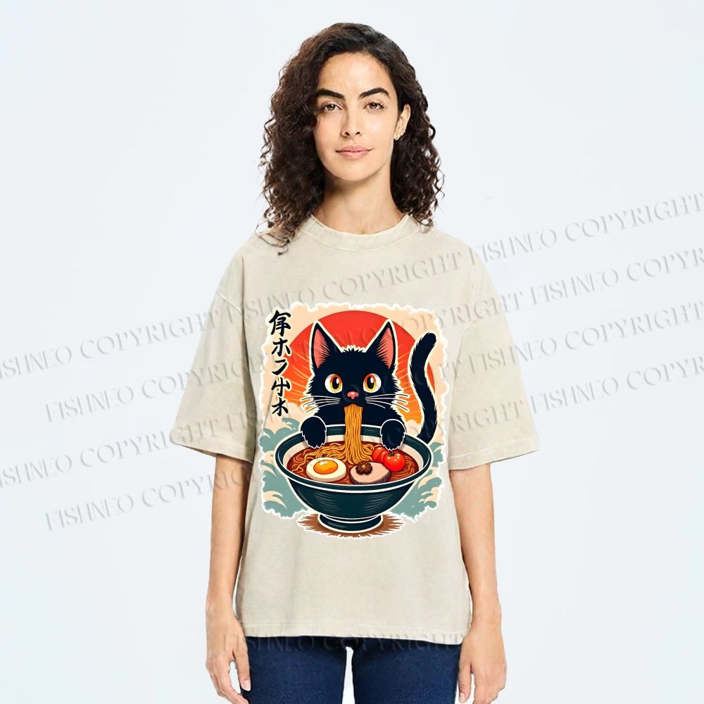 Unisex Ramen Cat Printed Washed Tee