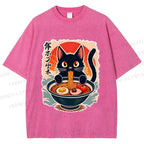 Unisex Ramen Cat Printed Washed Tee