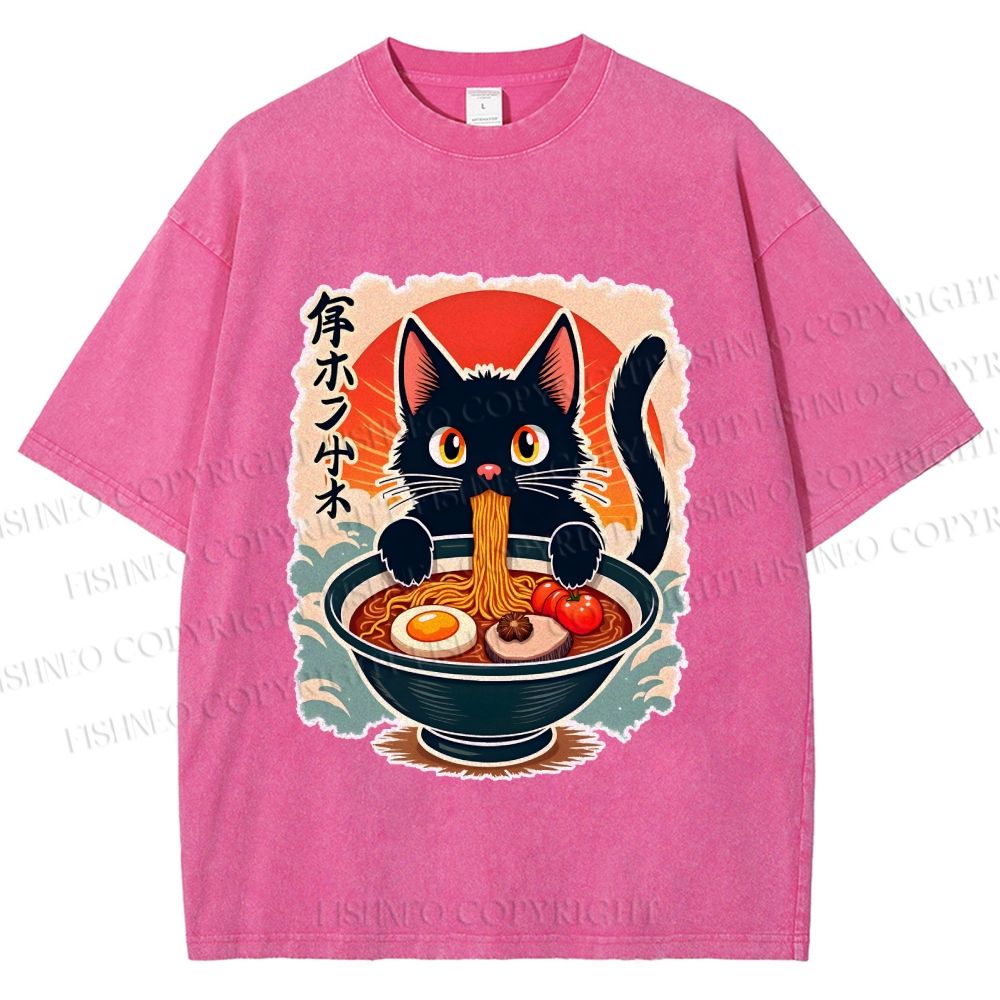 Unisex Ramen Cat Printed Washed Tee