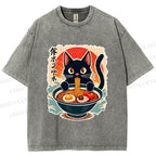 Unisex Ramen Cat Printed Washed Tee