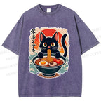 Unisex Ramen Cat Printed Washed Tee