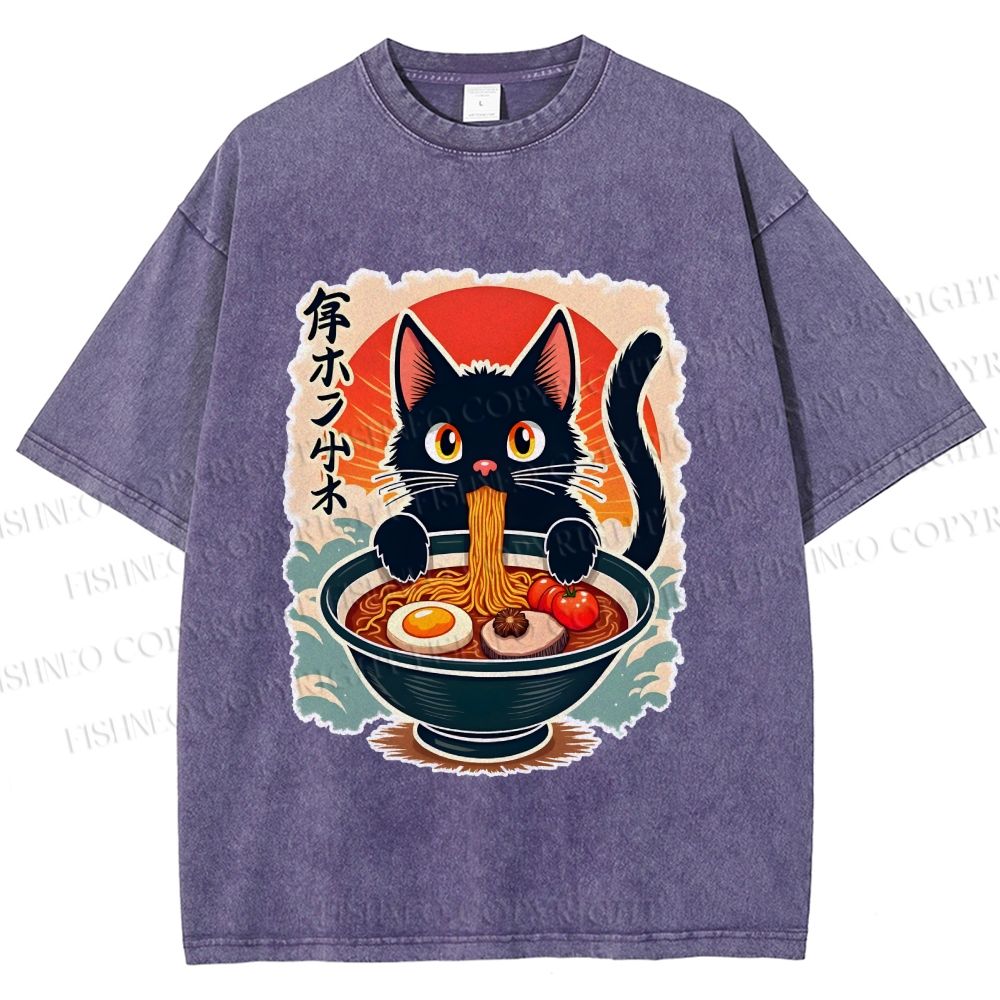 Unisex Ramen Cat Printed Washed Tee