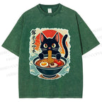 Unisex Ramen Cat Printed Washed Tee
