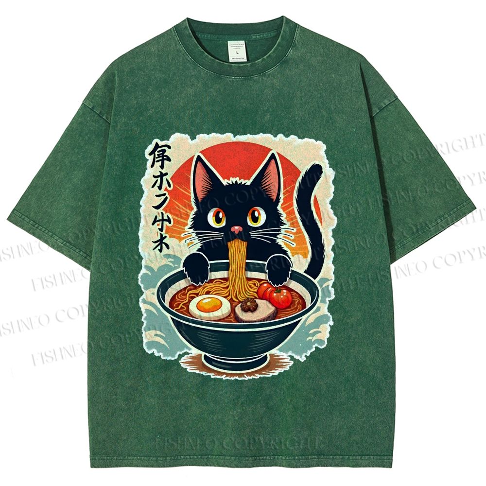 Unisex Ramen Cat Printed Washed Tee