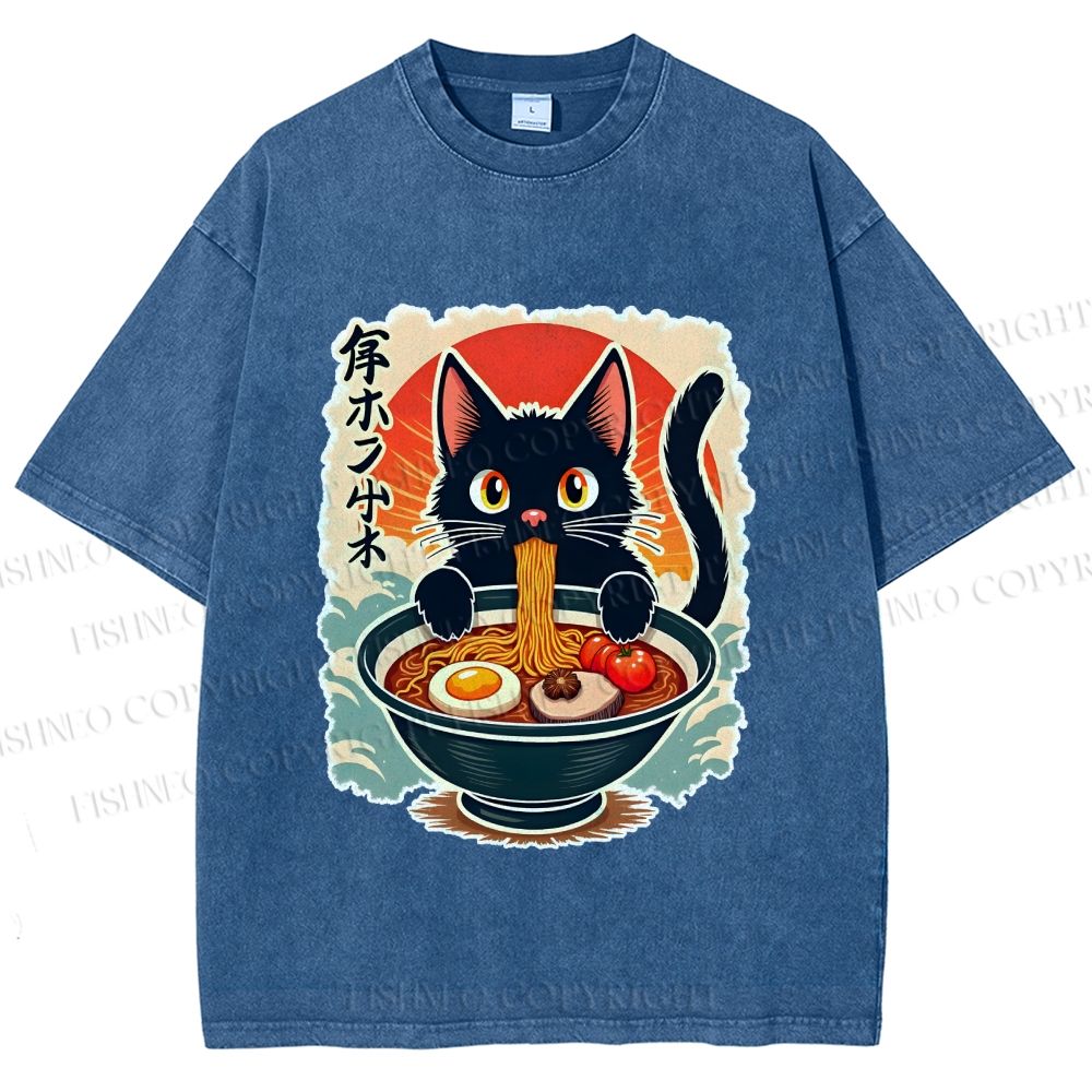 Unisex Ramen Cat Printed Washed Tee